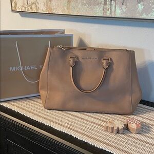 Michael Kors Saffiano LeatherTan Satchel with Gold Hardware